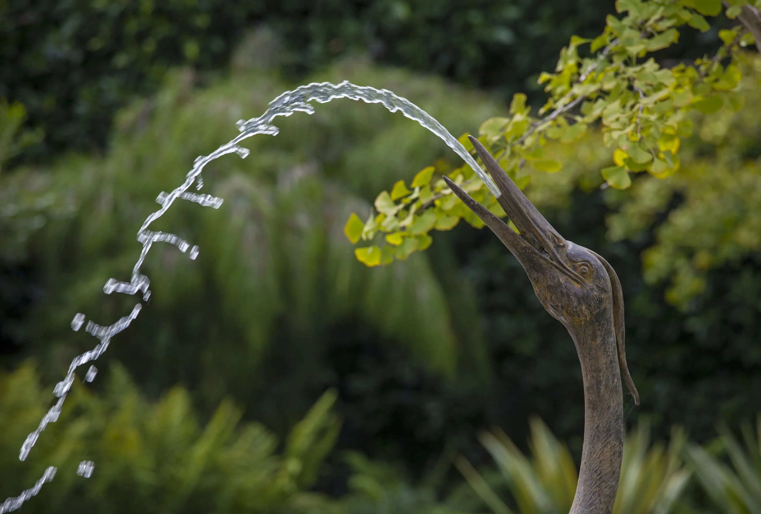 A garden sculpture of a bird, possibly a heron or crane, with water spraying out of its beak, set against green foliage.