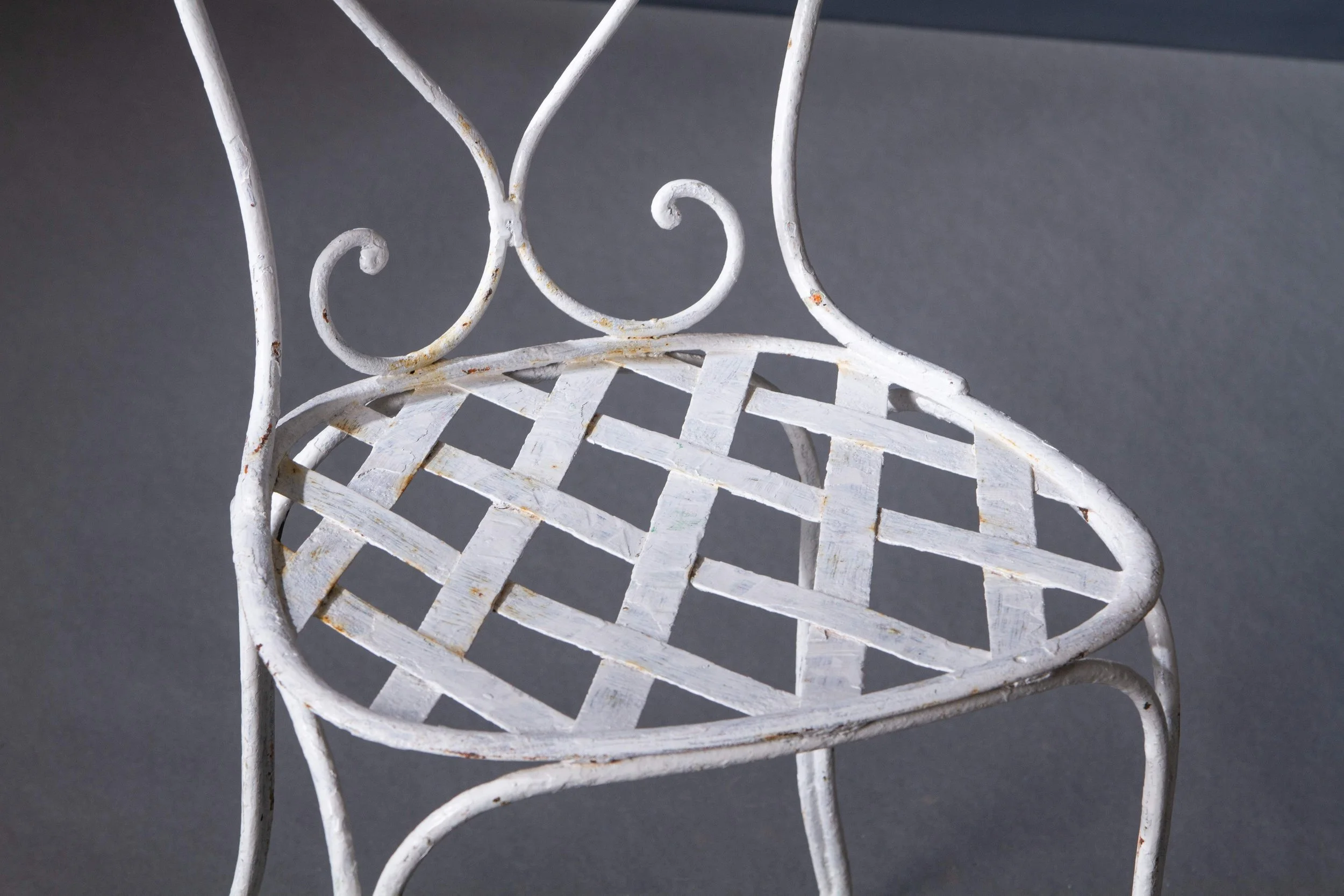 IG19084 Set of 5 - Vintage French Wrought Iron Bistro Chairs Painted White with Heart Shaped Back C.1950 20''L x 20''W x 31.5''H (sold in pairs) (12)_11zon.jpg