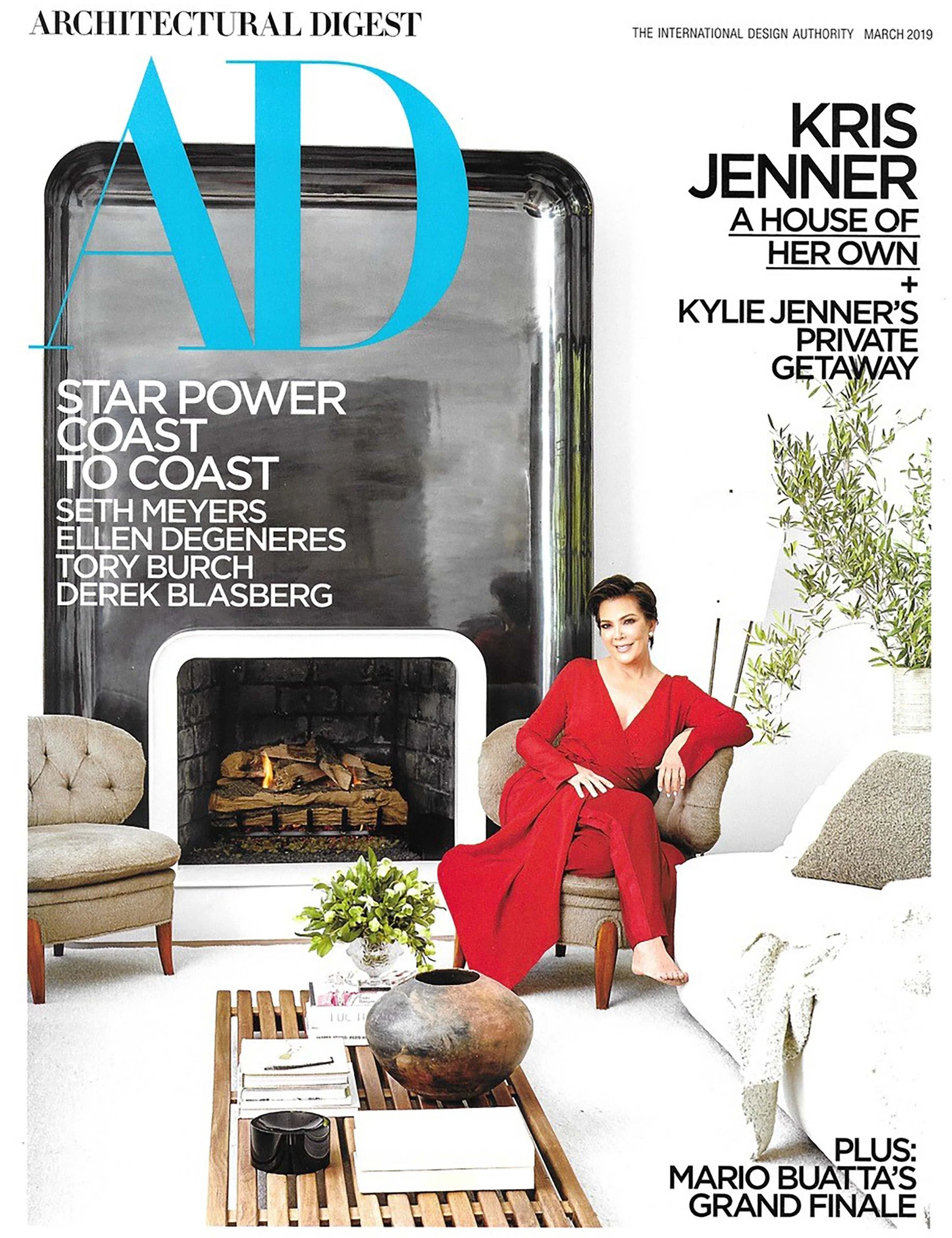 Cover of Architectural Digest magazine, March 2019 issue featuring Kris Jenner in a red dress sitting in a modern living room with a fireplace, bookshelf, and plants.