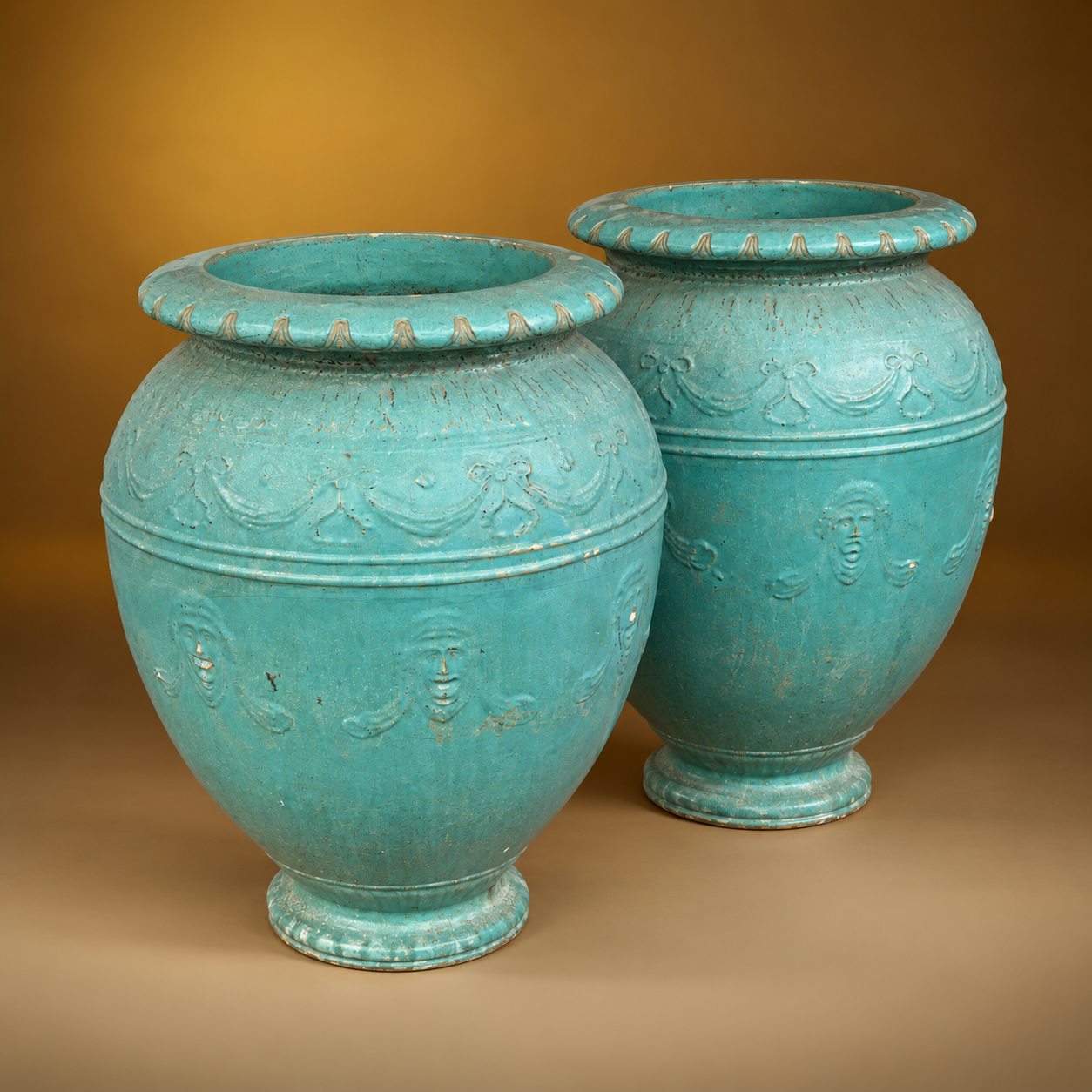 SKU: IG18792   Rare Pair of The Largest Jars from ''GALLOWAY CO'' Beautiful Detail & Turquoise Cover  C.1890   27''ODx 4''IDx35'H