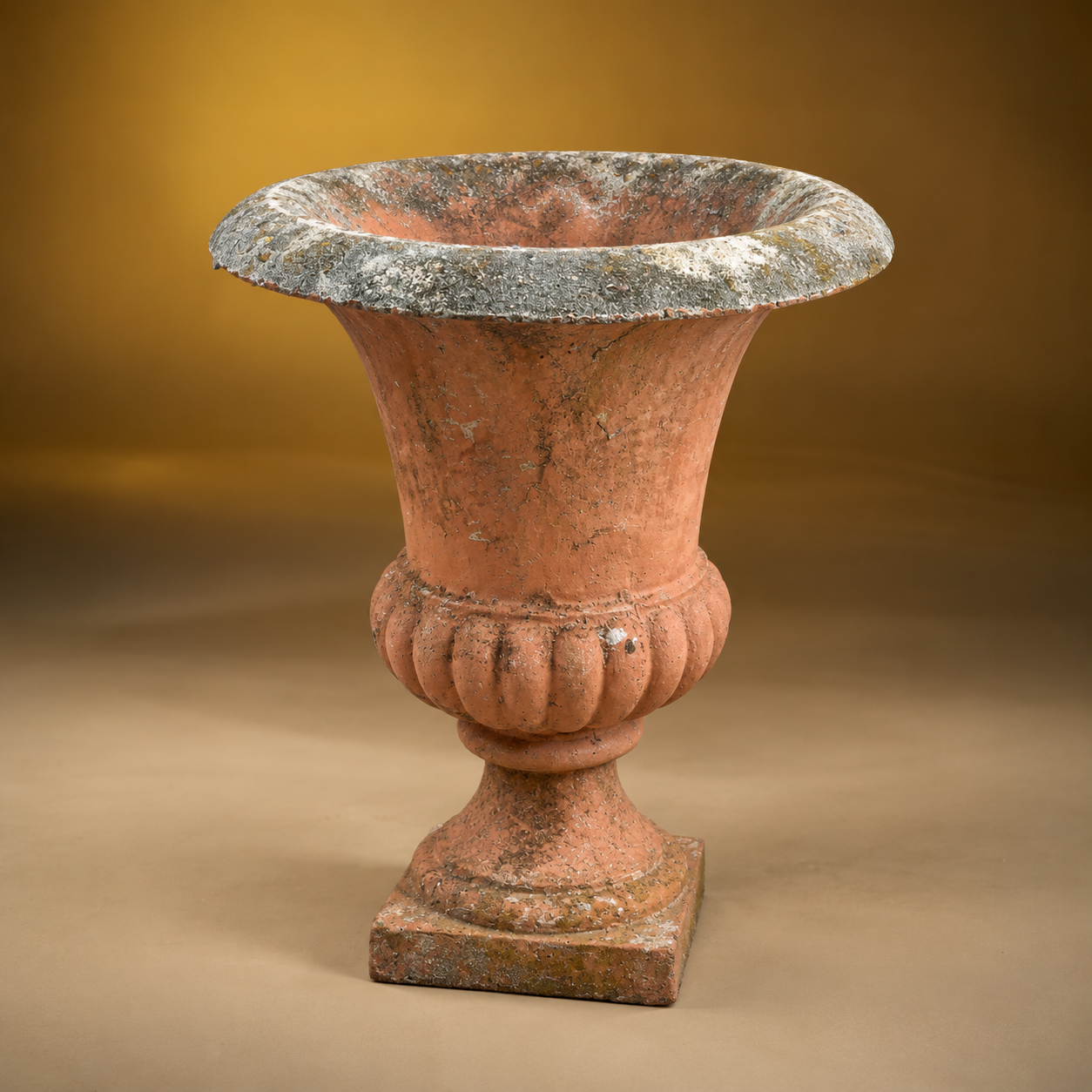 SKU: IG18505   French Cast Stone Medici Urns with Peach Paint   17''D x 23''H
