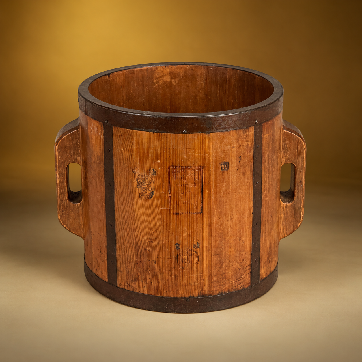 SKU: X24-7   Vessel for Rice. Hardware and Iron. Calligraphic Stamps.   Japan Circa Early 1900's   12.5''D x 12''H