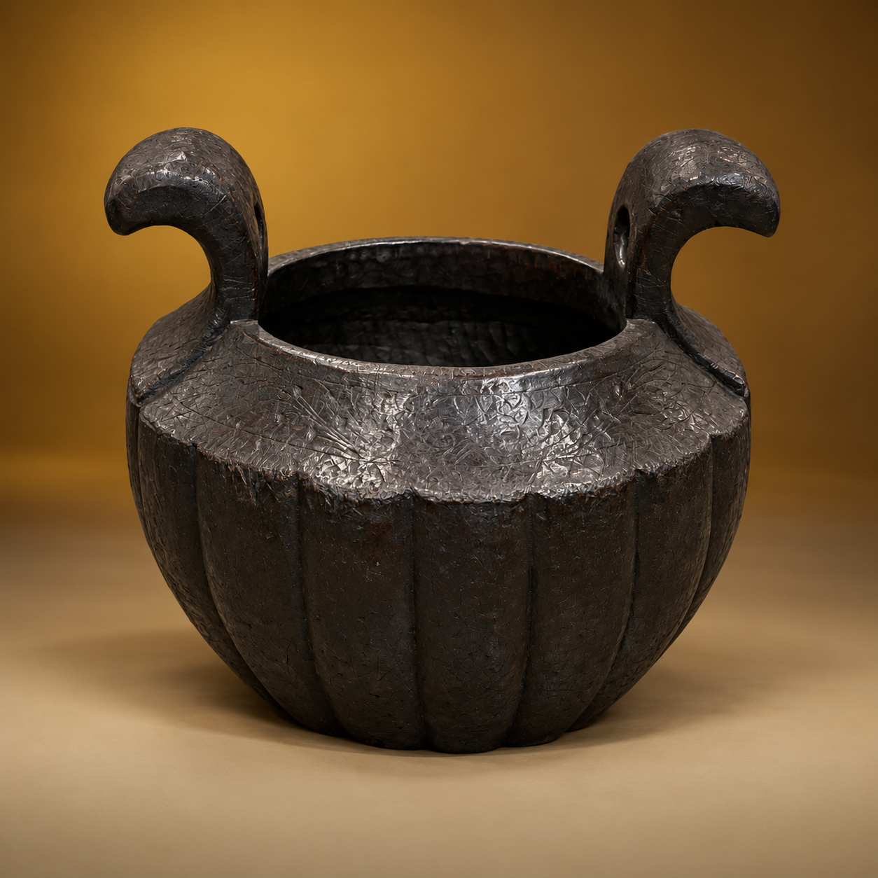 SKU: 25-3-16   RHUMBI Grnary Vessel. Mango Hardwood. Natural Carbon Black Patina of Age & Wear.   Batak People. North Sumatra, Indonesia C.19th   Century 25.5''D x 23''H