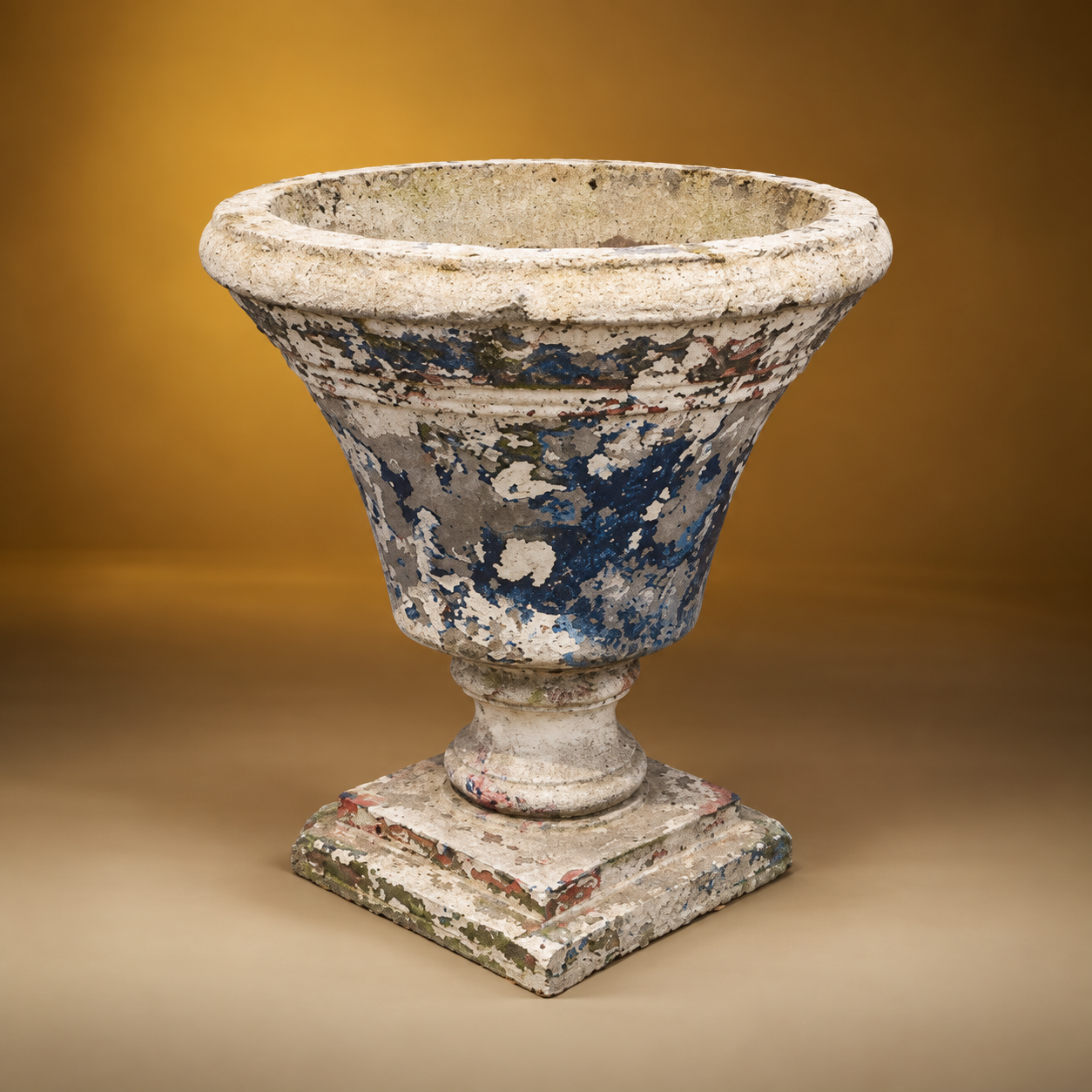 SKu: IG18939   Monumental Classical Urn with Residual White and Blue Paint   19th Century    32''D x 38.5''H