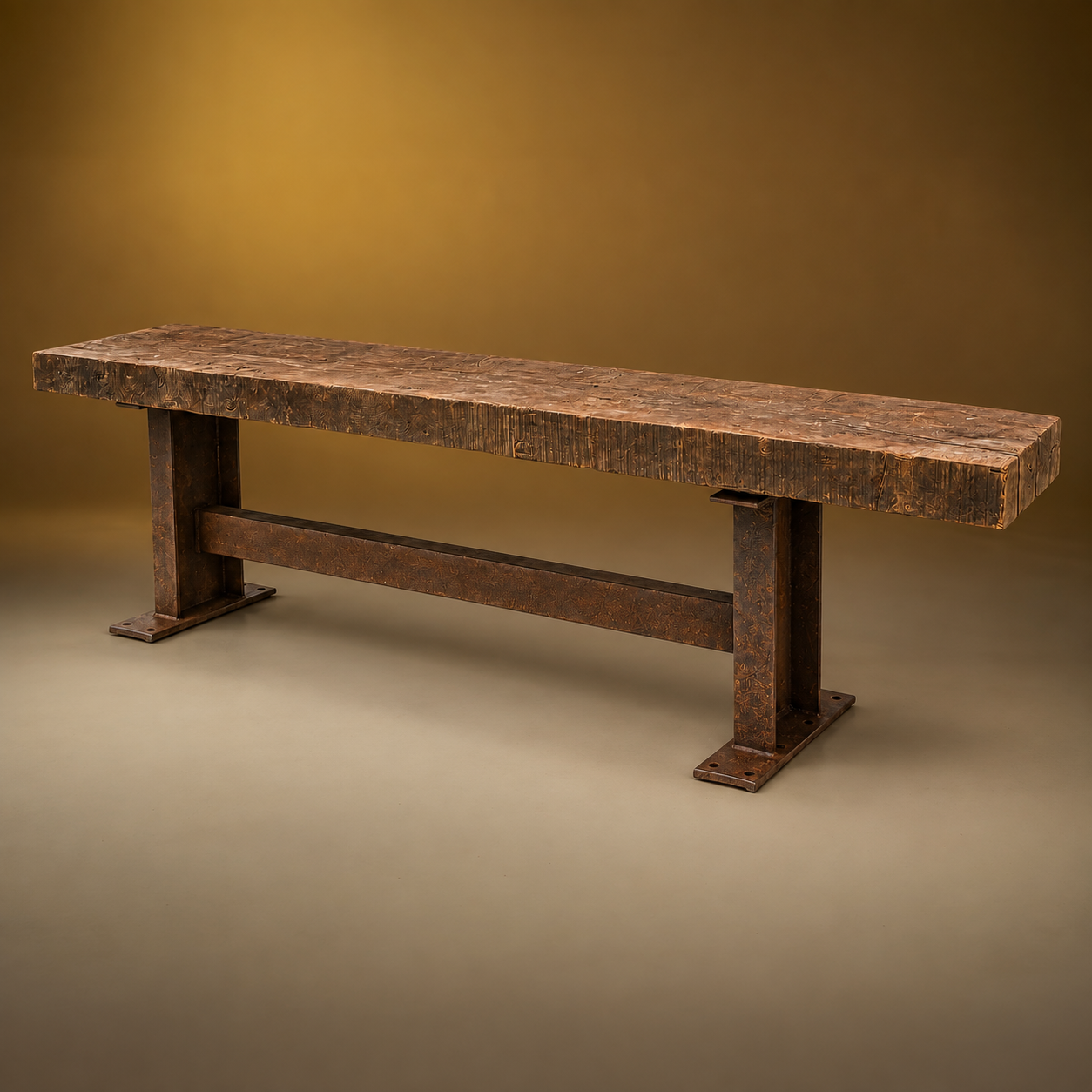 OAK TOP ON MID CENTURY CAST IRON BASE CONSOLE