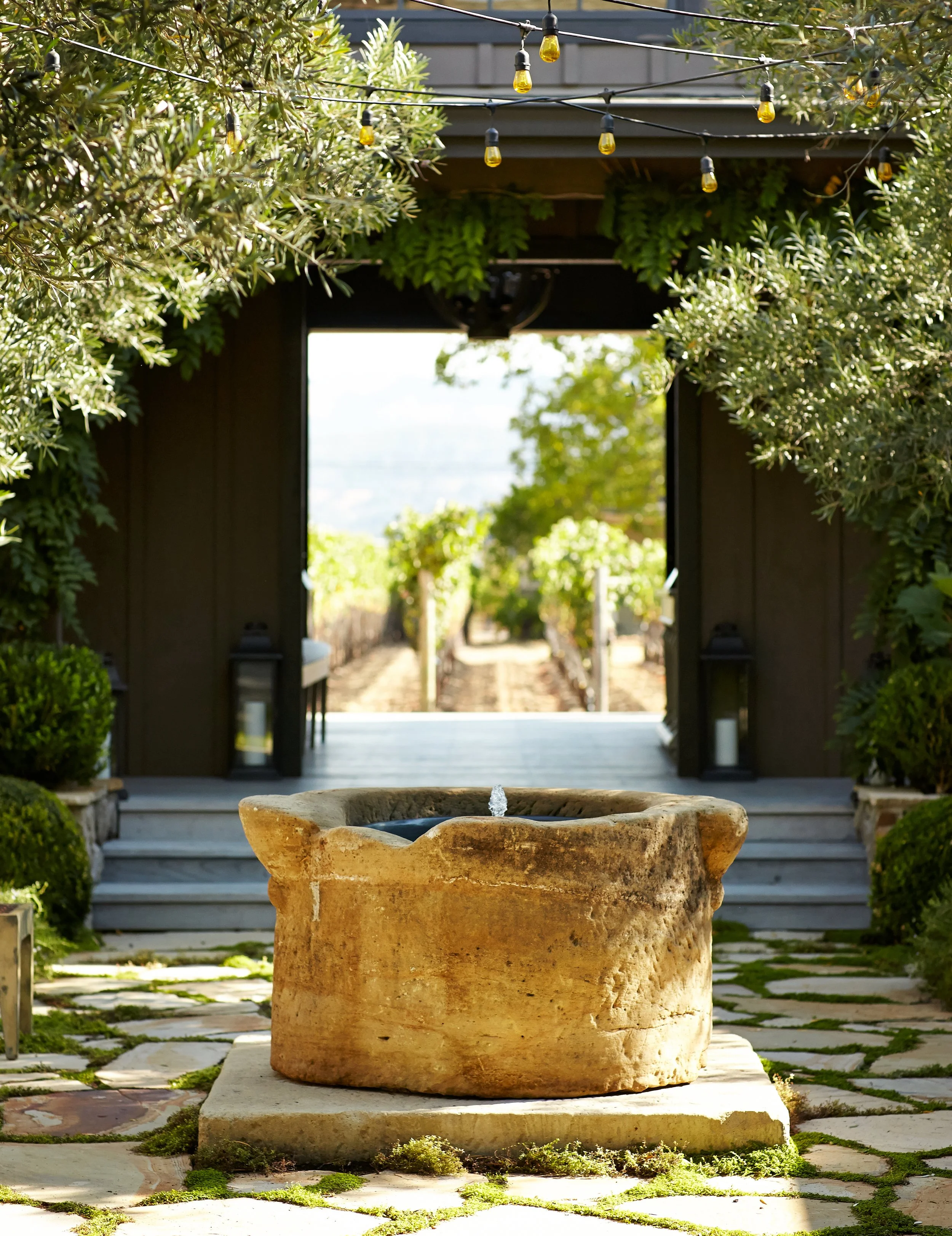 A stone fountain with water spouting from the center, situated on a mossy stone pathway in a lush garden with trimmed bushes and trees, leading to a vineyard or farm landscape visible through a dark wooden gate with string lights hanging above.