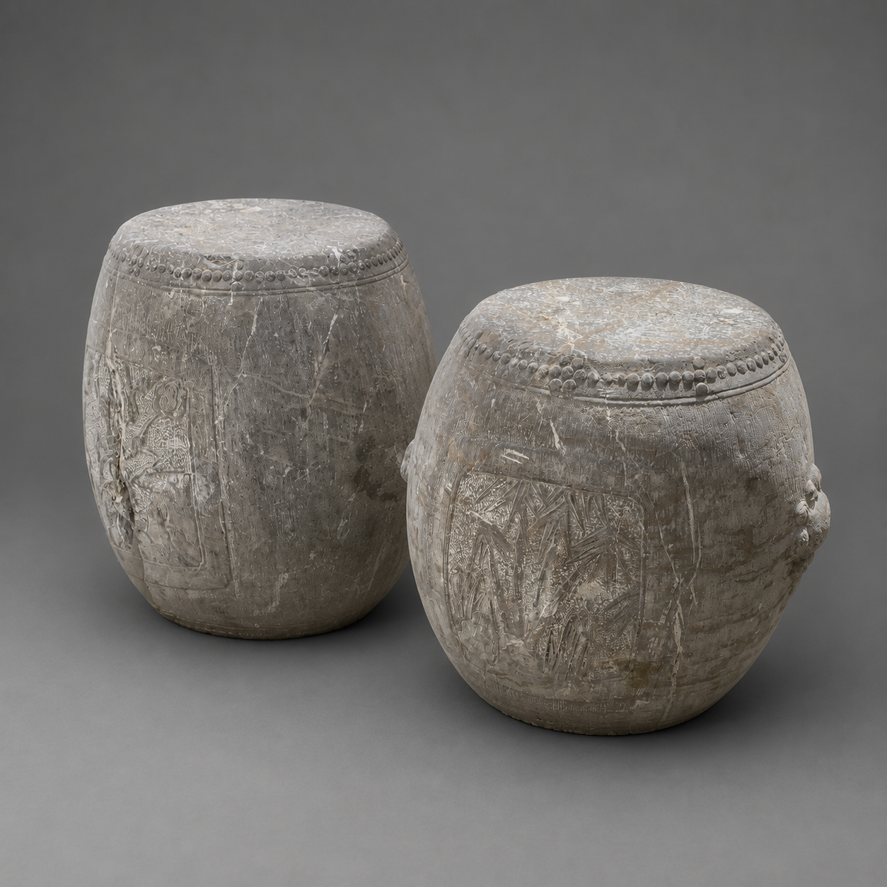 PAIR OF MARBLE BARREL FORM GARDEN SEATS
