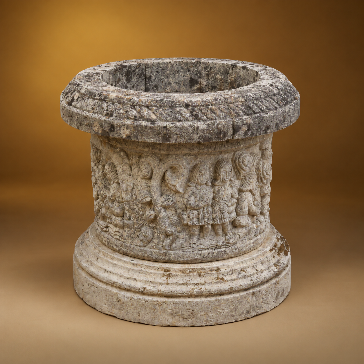 SKU: IG17578   Cement Round Planter with Medieval Agricultural Scene)  C.1900    30''D c 32''H