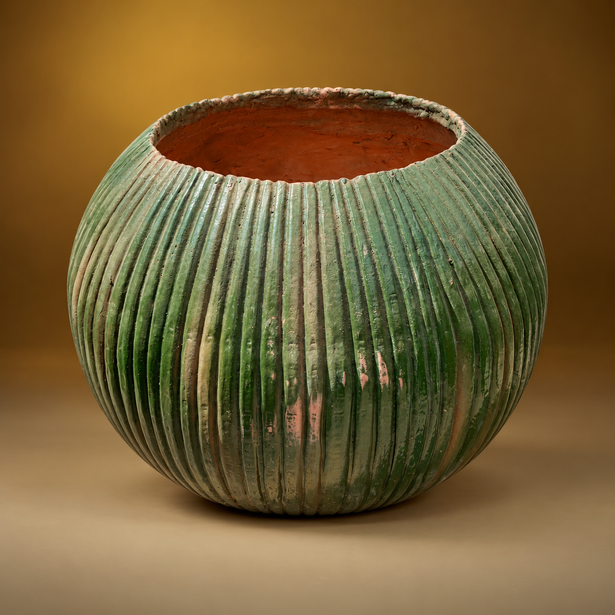 CACTUS ENAMELED GREEN AND BROWN PLANTER