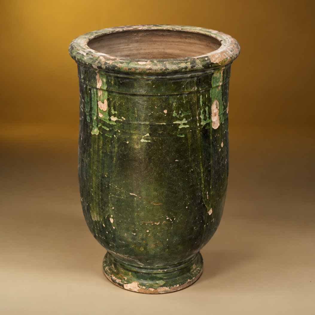 SKU: IG20077   Antique Green Glazed Terra Cotta Jar   From Tornac in Southern France, C.1900    17''D x 28.5''H