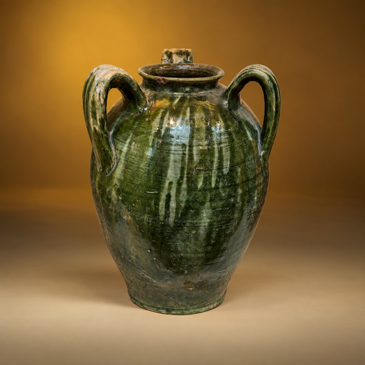 SKU: IG19400   Green glazed terra cotta 3 handled pots, to be carried on a donkey’s back