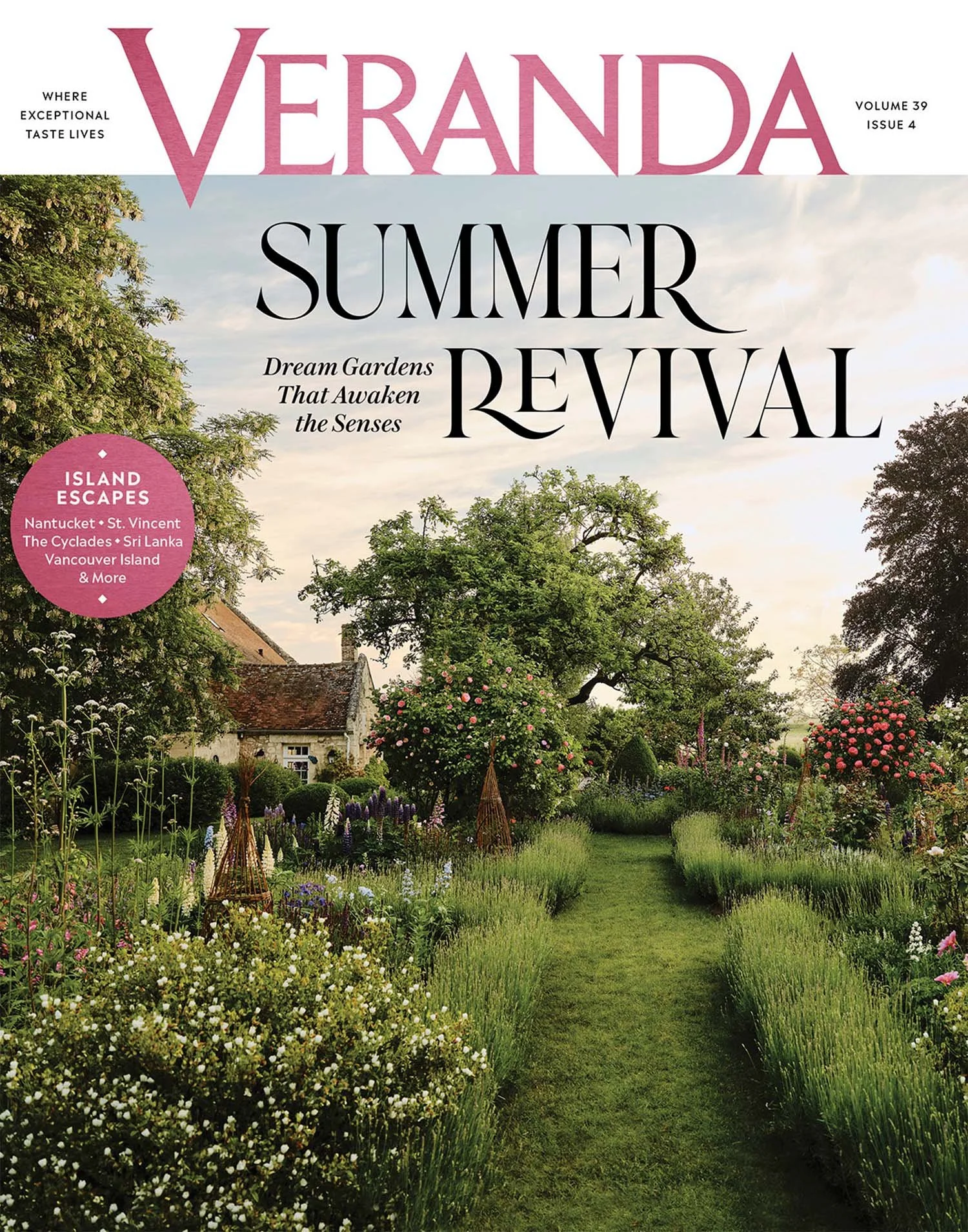 Magazine cover titled 'Veranda Summer Revival' featuring a lush garden with a grassy path lined with various flowering plants and trees, under a partly cloudy sky.