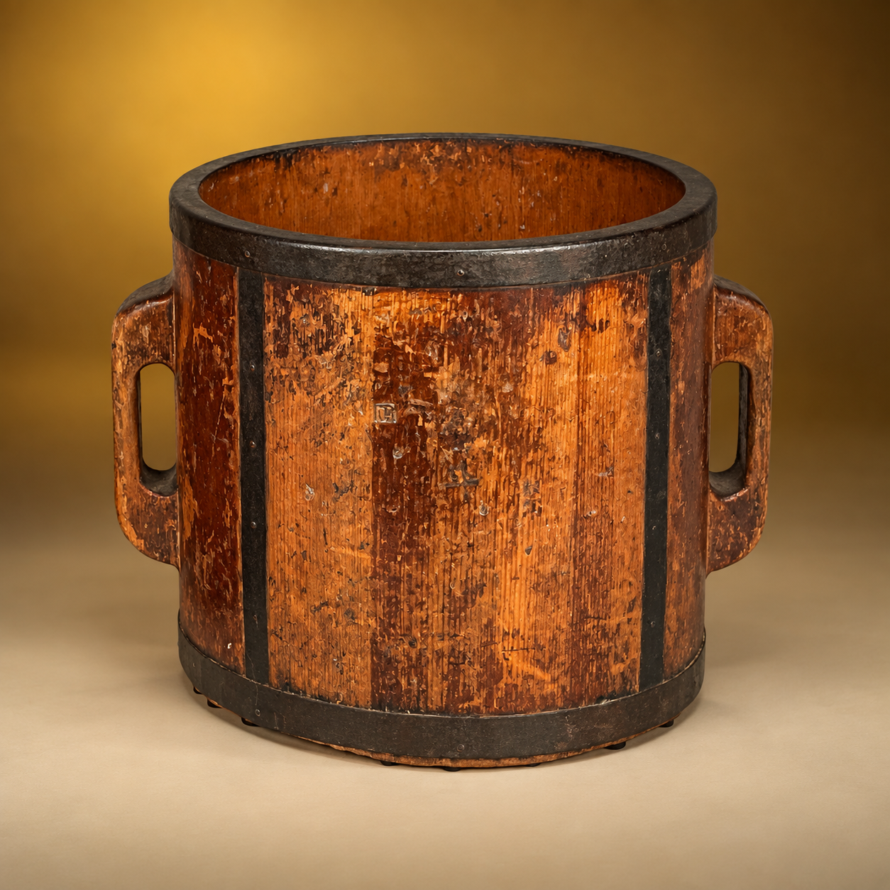 SKU: X24-8   Vessel for Rice. Hardware and Iron. Calligraphic Stamps.   Japan Circa Early 1900's   12.5''D x 12''H