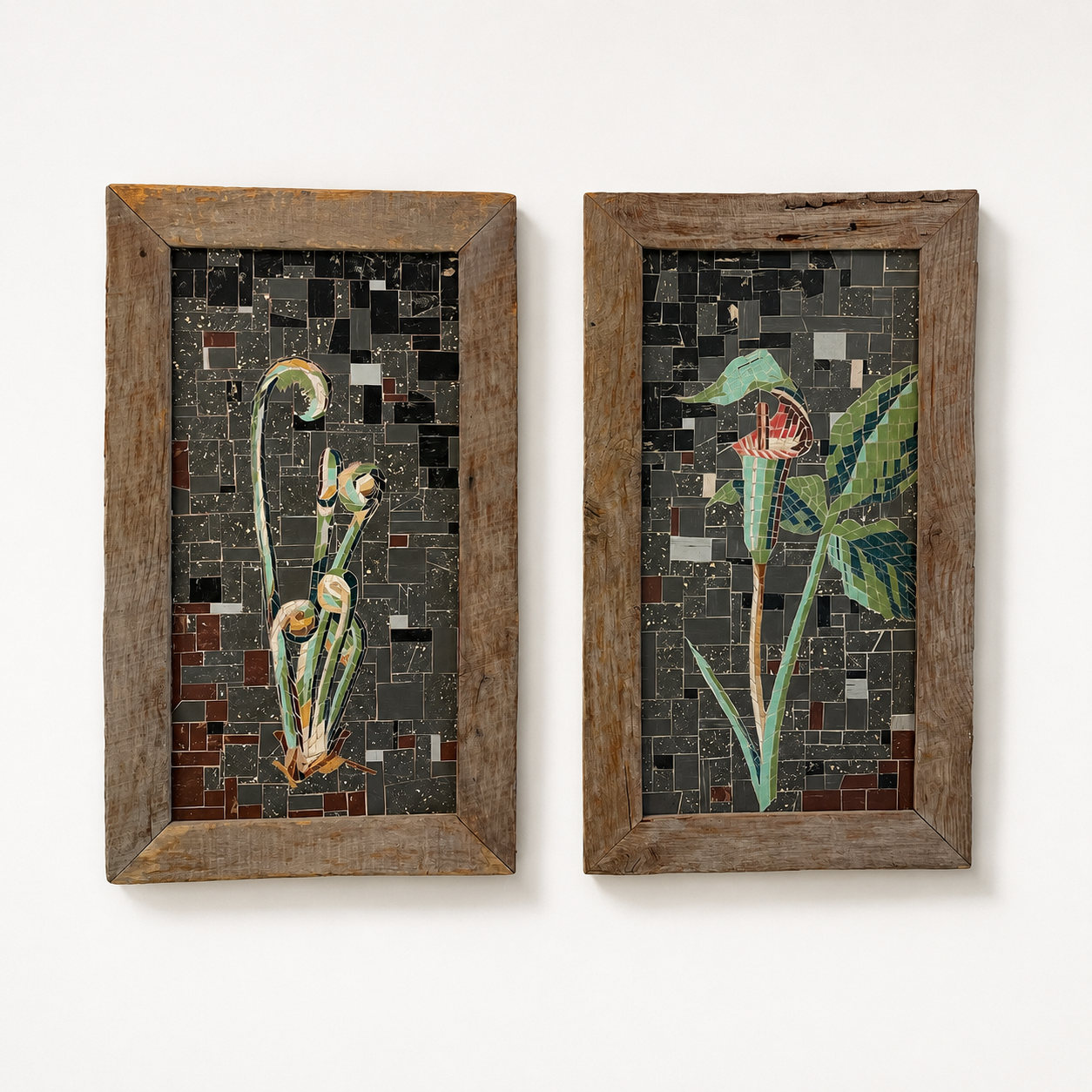PAIR OF LINOLEUM FLOWER PICTURES