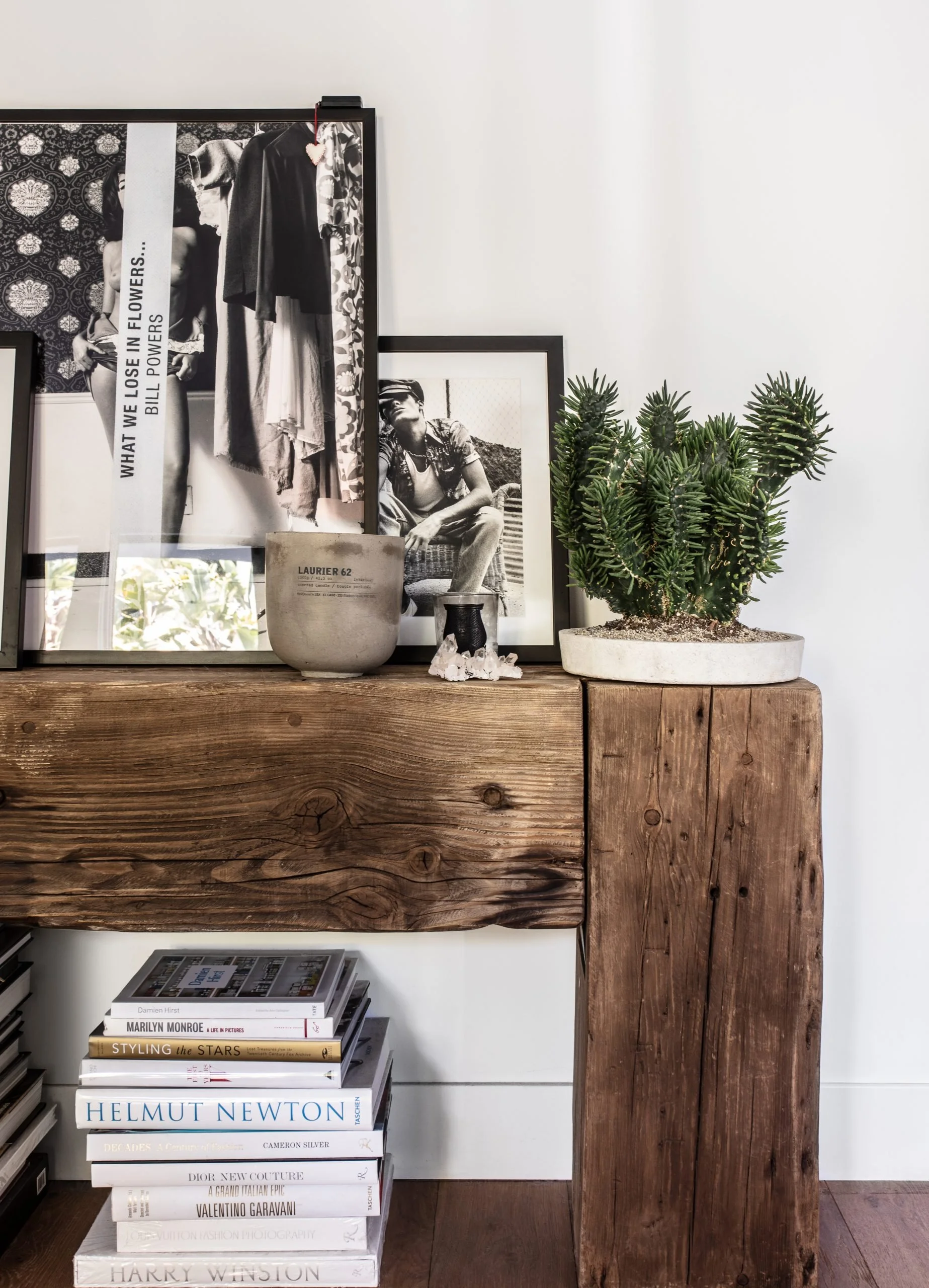 Decorative wooden console table with framed black and white photographs, a potted succulent plant, and small decorative items, set against a white wall.