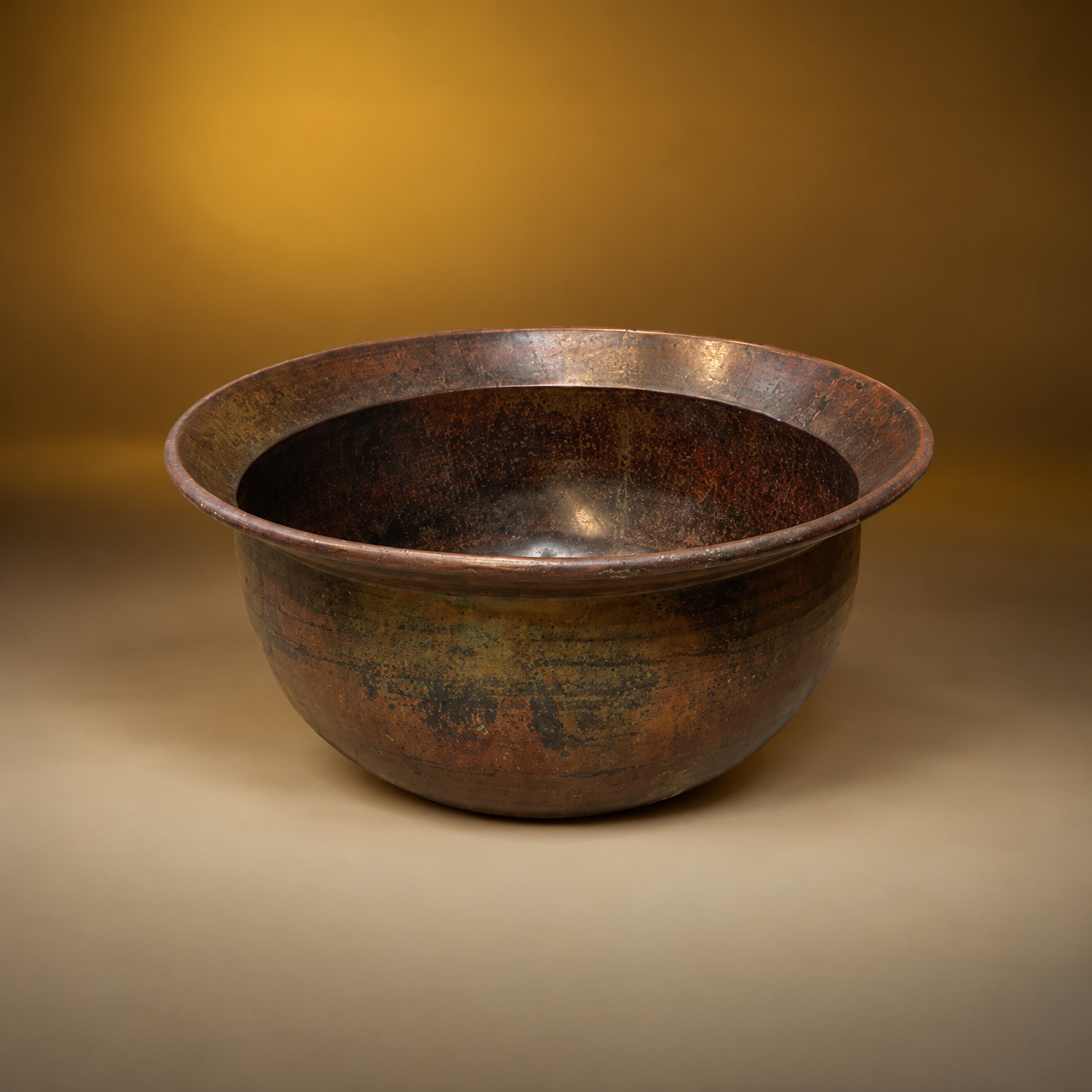 SKU: Z-3001    Antique Traditional Copper Vessel, Flared Lip Patina of Age & Wear, Central   Java, Indonesia, C.19th Century   19''D x 9''H