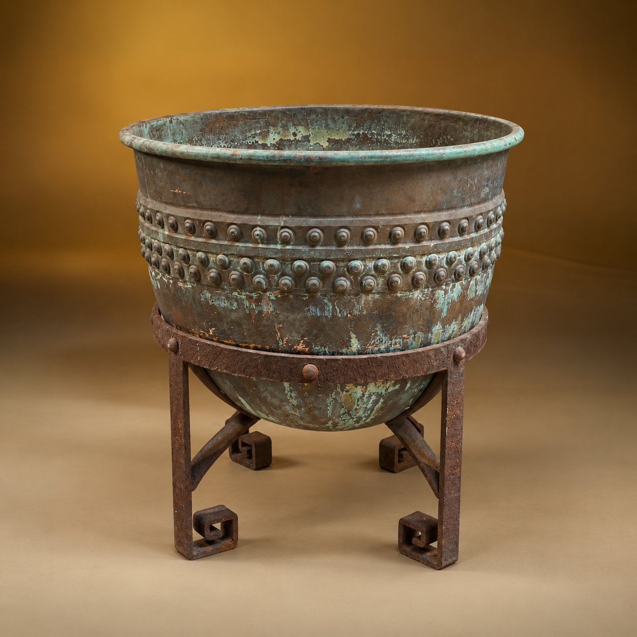 SKU: IG20400   Antique American Solid Copper Planter in Custom Iron Stand, Beautiful Natural Patina,   Circa 1920   32.5''D x 37.5''H