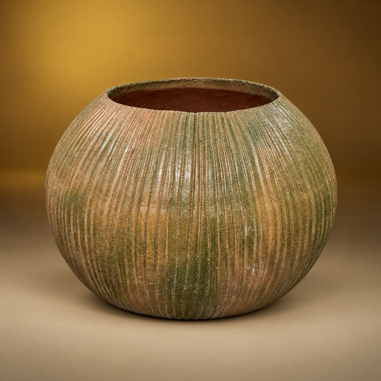 SKU: IG20544   Description: Cactus Enameled Green and Brown Planter   C. 2024   Dimensions: 30''D x 22.5''H