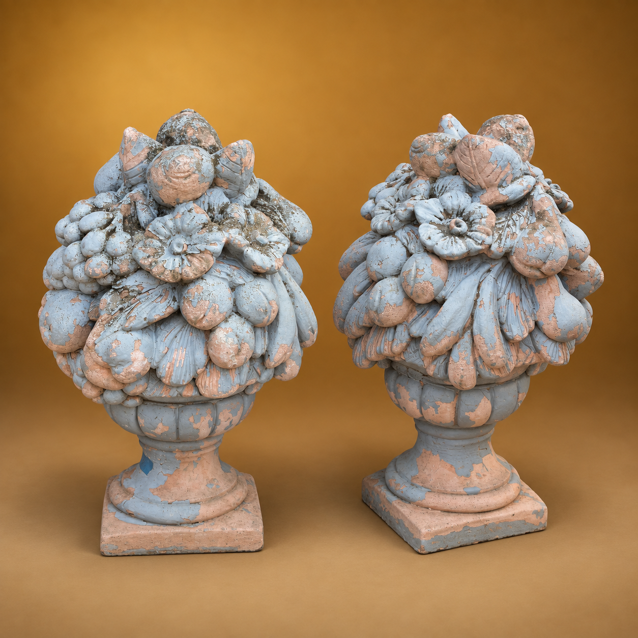 Pair of Flower and Fruits Painted Pink and Grey Decorative Bouquets