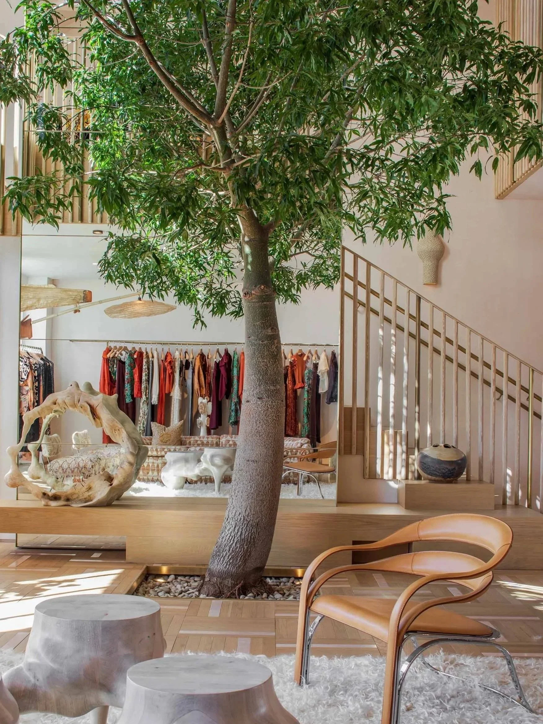 Interior space featuring a large indoor tree with green leaves, modern furniture including a tan leather chair, wooden stools, and decorative sculptures, with clothing racks in the background displaying colorful dresses.