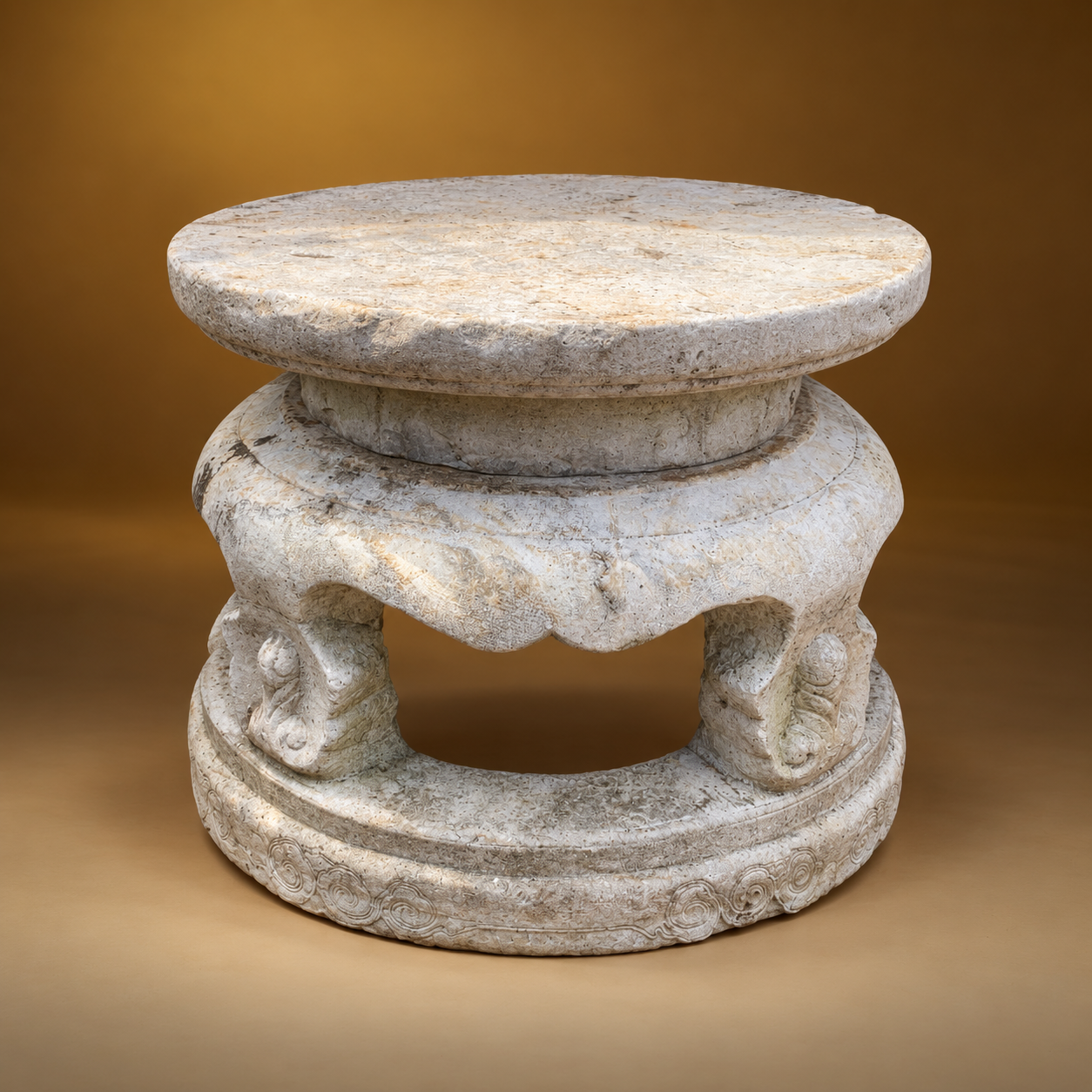 SKU: IG18377  Carved White Marble Two Part Round Table. The Form  Has Lovely Open Work with Cloud (YUN) Motif   Qing Dynasty, Late18th C or Early 19th Century