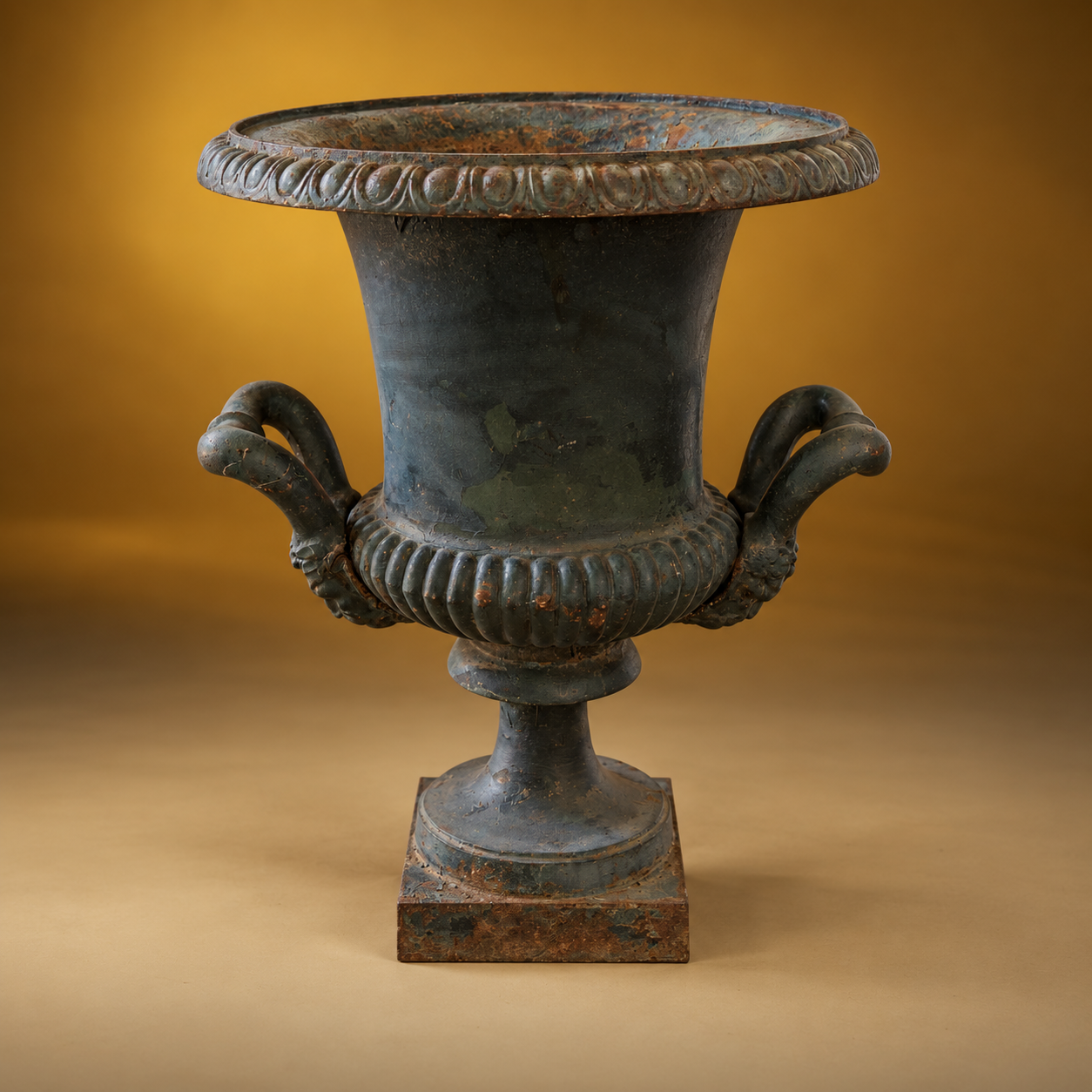 SKU: ZC-1008   Antique Cast Iron Urn, Original Paint with Patina of Age & Wear   France, Early 1900   19.50''D x 25.50''H
