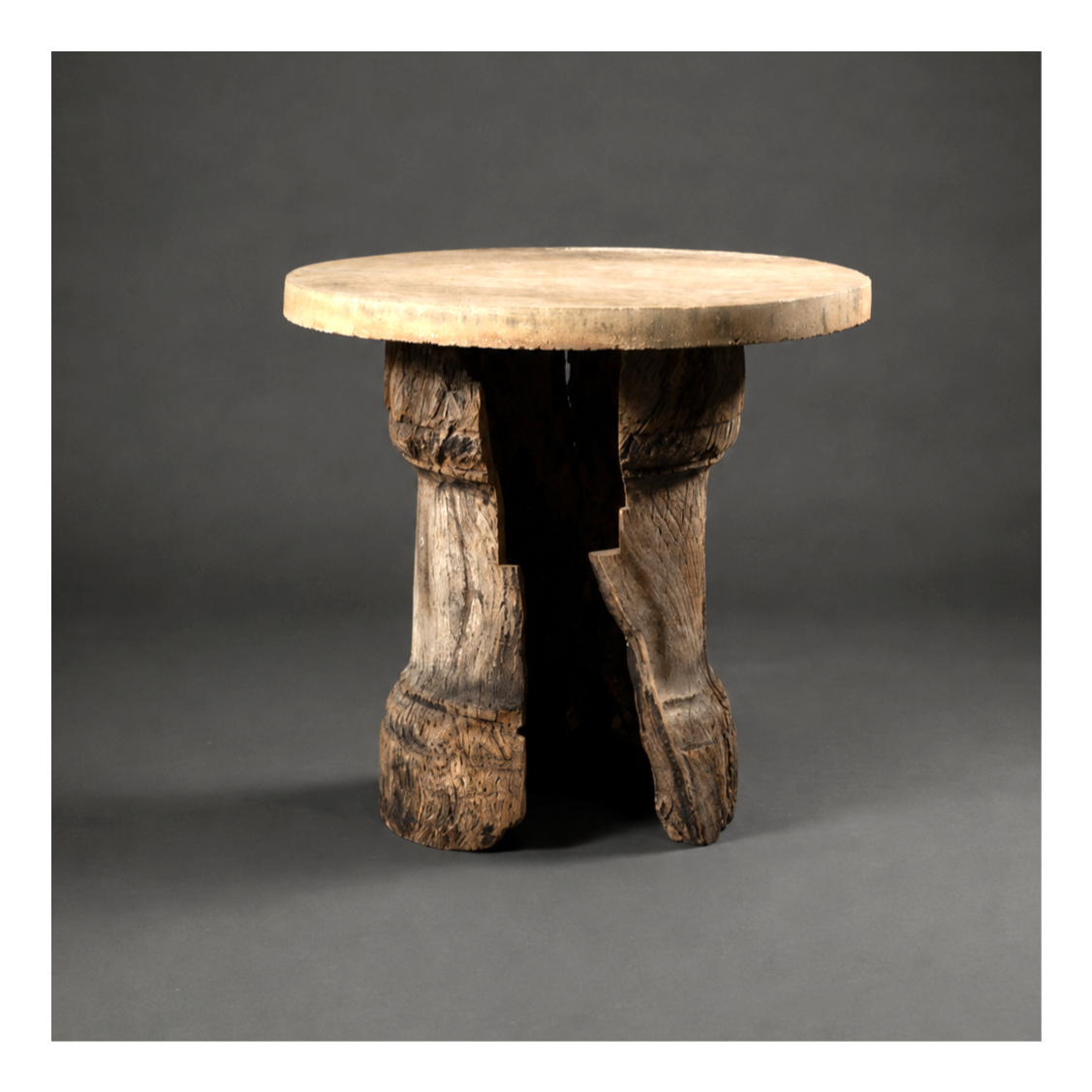 ROUND STONE TABLE TOP ON WOODEN BASE