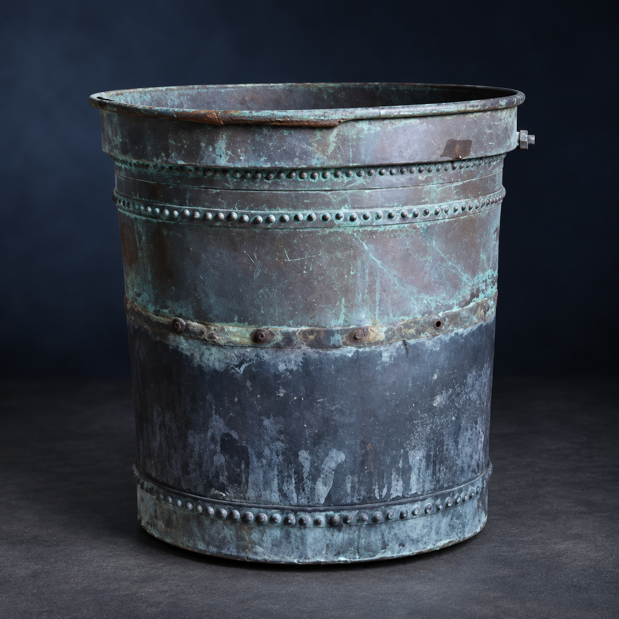 SKU: IG19251   Copper vert de gris riveted pot  C.1880   34''D x 29''H