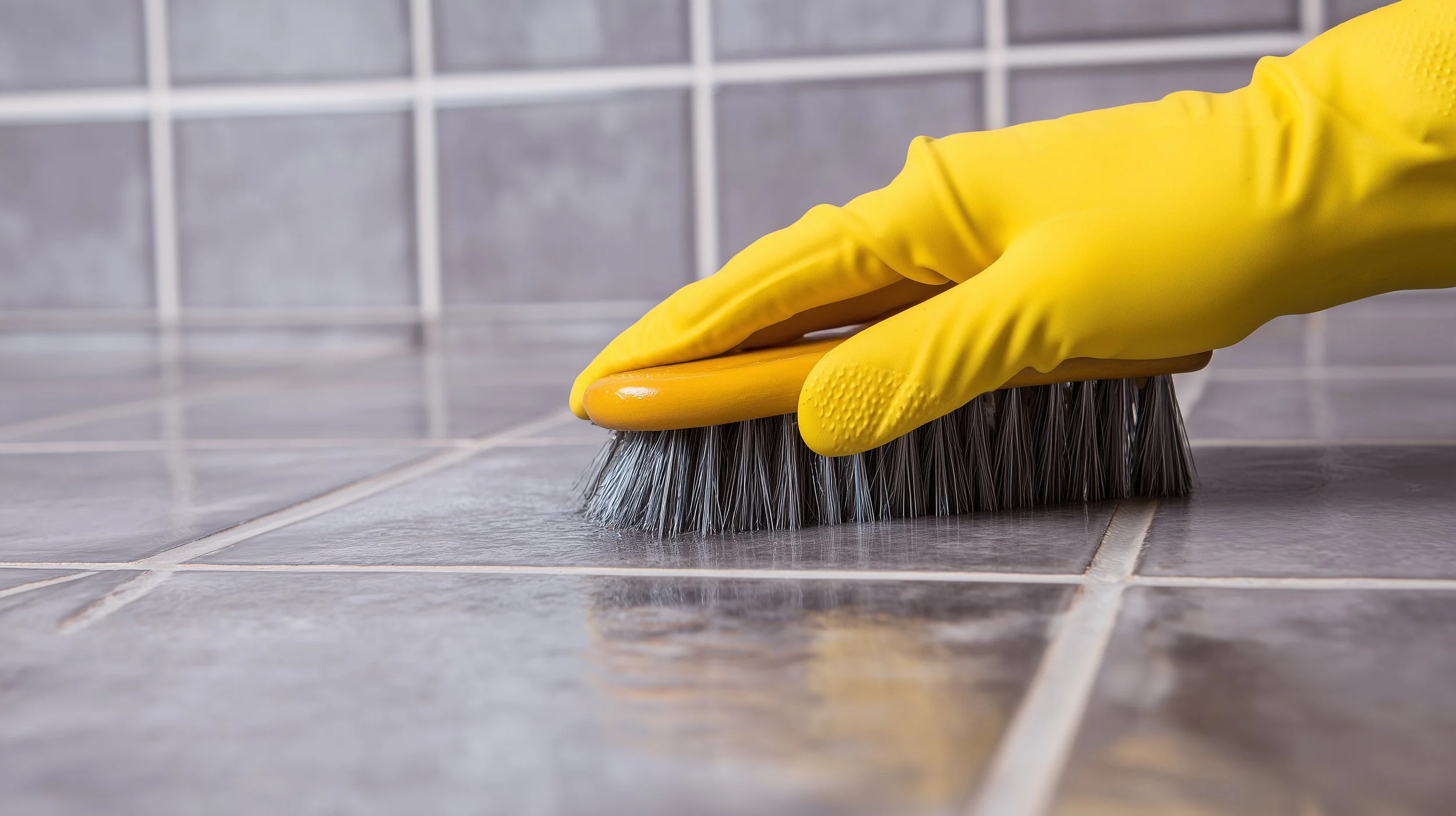 A person wearing a yellow rubber glove scrubbing a grey tile floor with a brush.