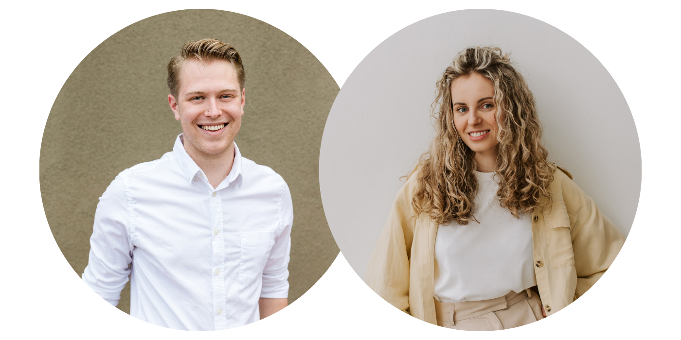 Two smiling young adults, a man with short blonde hair in a white shirt and a woman with long curly hair in a beige jacket and white shirt, standing against plain backgrounds.