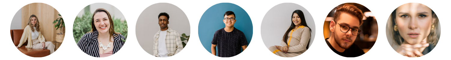 Collage of seven individual portraits of young adults, each with different backgrounds and faces, smiling or making serious expressions.