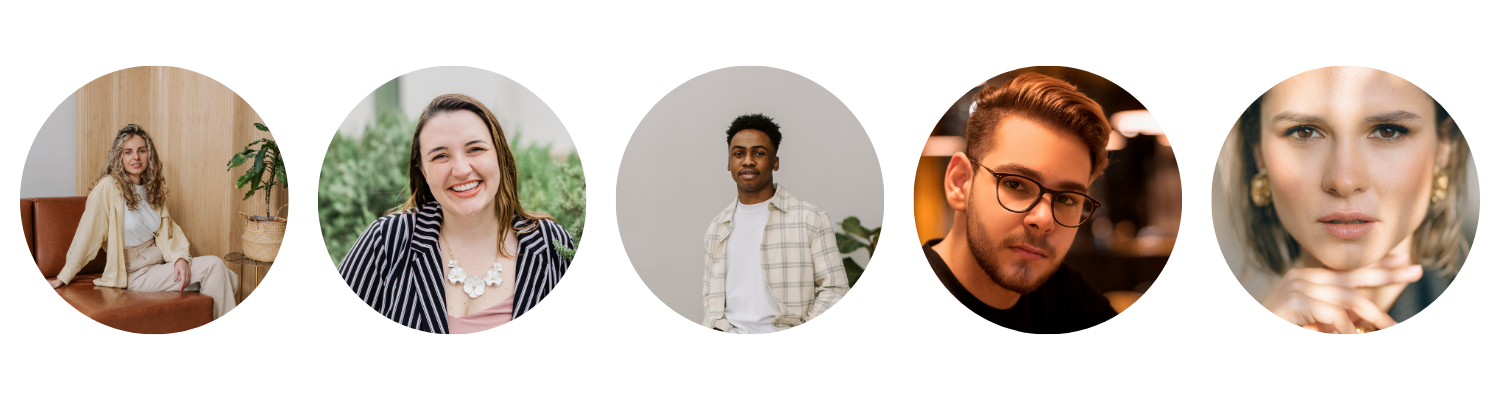 Collage of five diverse portraits of people with different backgrounds and styles.