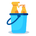 A blue bucket filled with liquid soap and a yellow sponge.