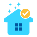 House with star and moon symbols, orange checkmark badge