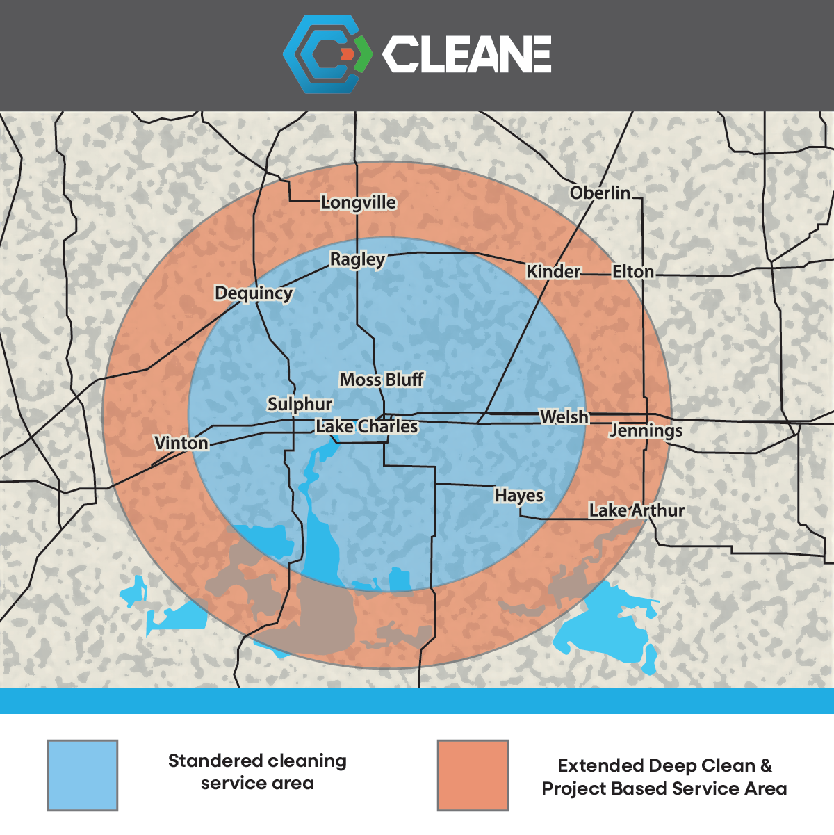 A map showing classified service areas for a cleaning company, with an inner blue circle indicating standard cleaning service areas and an outer orange ring indicating extended deep clean and project-based service areas, including towns like Lake Charles, Sulphur, Vinton, Longville, Ragley, Kinder, Elton, Welsh, Jennings, Lake Arthur, Hayes, and Lake
