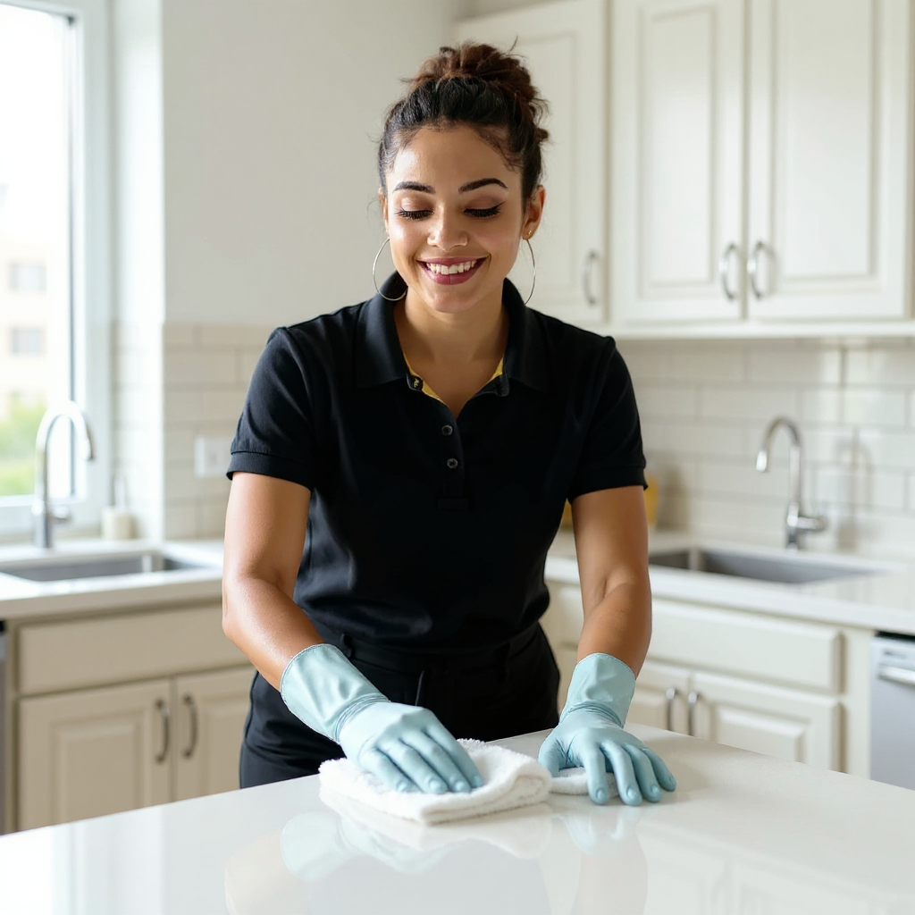 A woman with dark hair in a bun, wearing a black polo shirt and light blue gloves, is smiling while wiping a white kitchen countertop with a cloth.