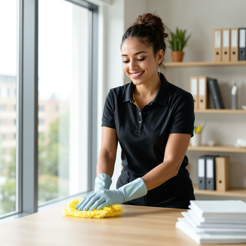 A young woman wearing gloves and a black shirt is cleaning a wooden table with a yellow cloth in an office setting near large windows.