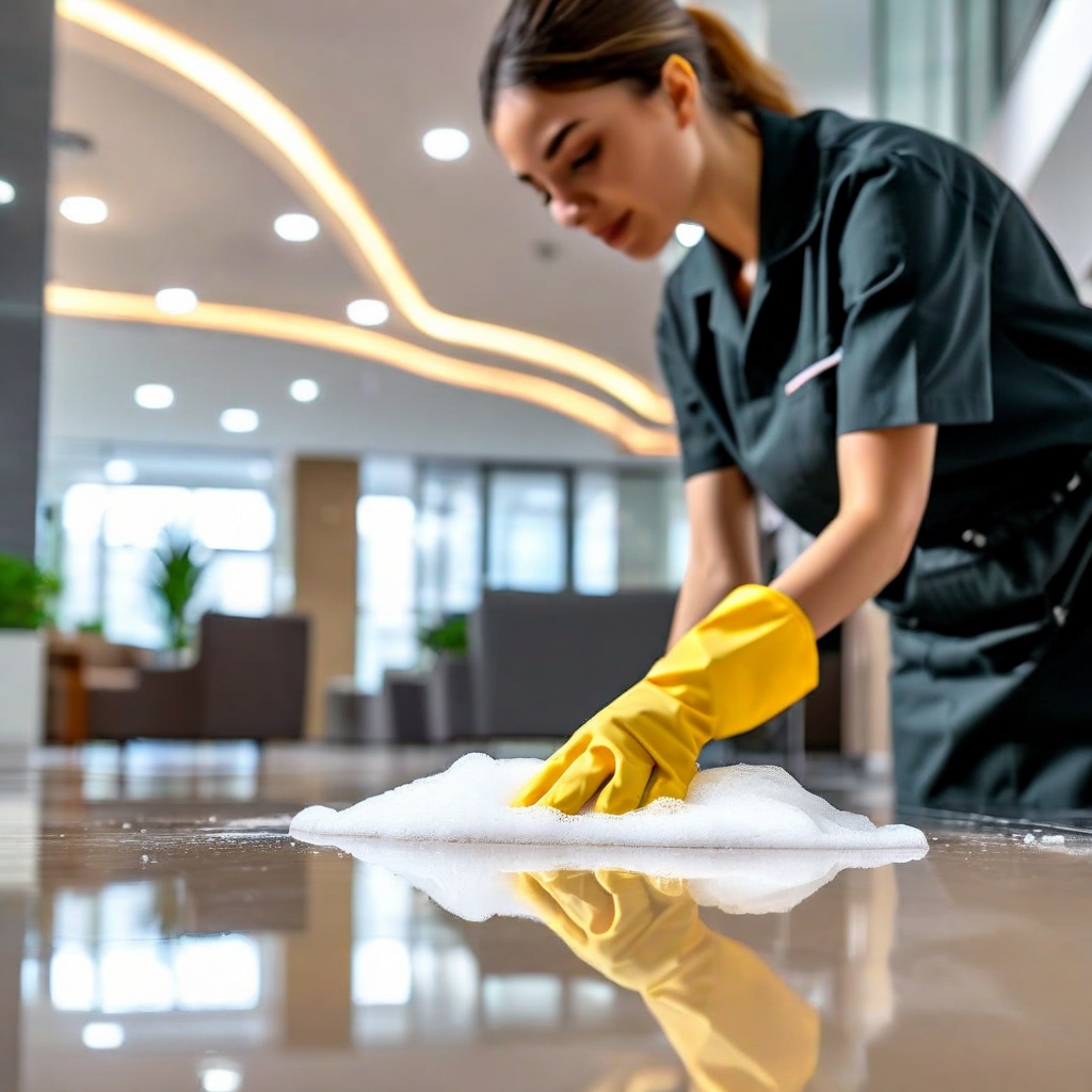 A woman wearing yellow rubber gloves cleaning a wooden floor with soap and water in a modern indoor space.