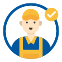 Illustration of a person with short blonde hair, wearing headphones and a blue apron, smiling.