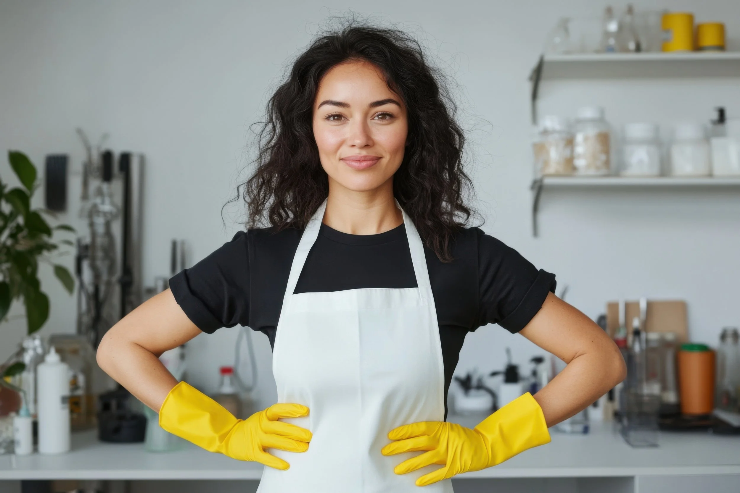 Woman with curly hair wearing a white apron and yellow rubber gloves standing confidently in a kitchen.