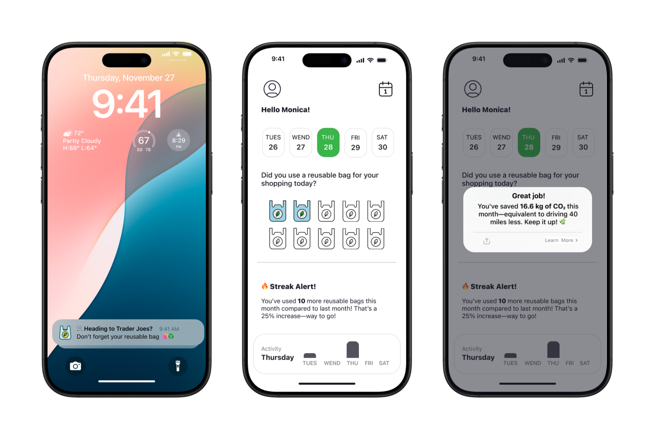 Three screens showing concept
