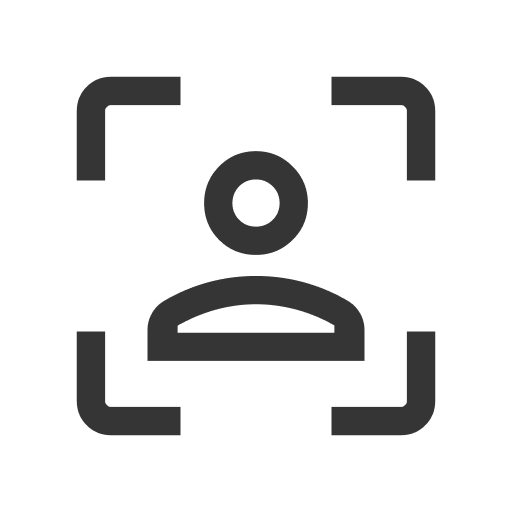Icon of a person silhouette within a scanning frame, representing face recognition technology.
