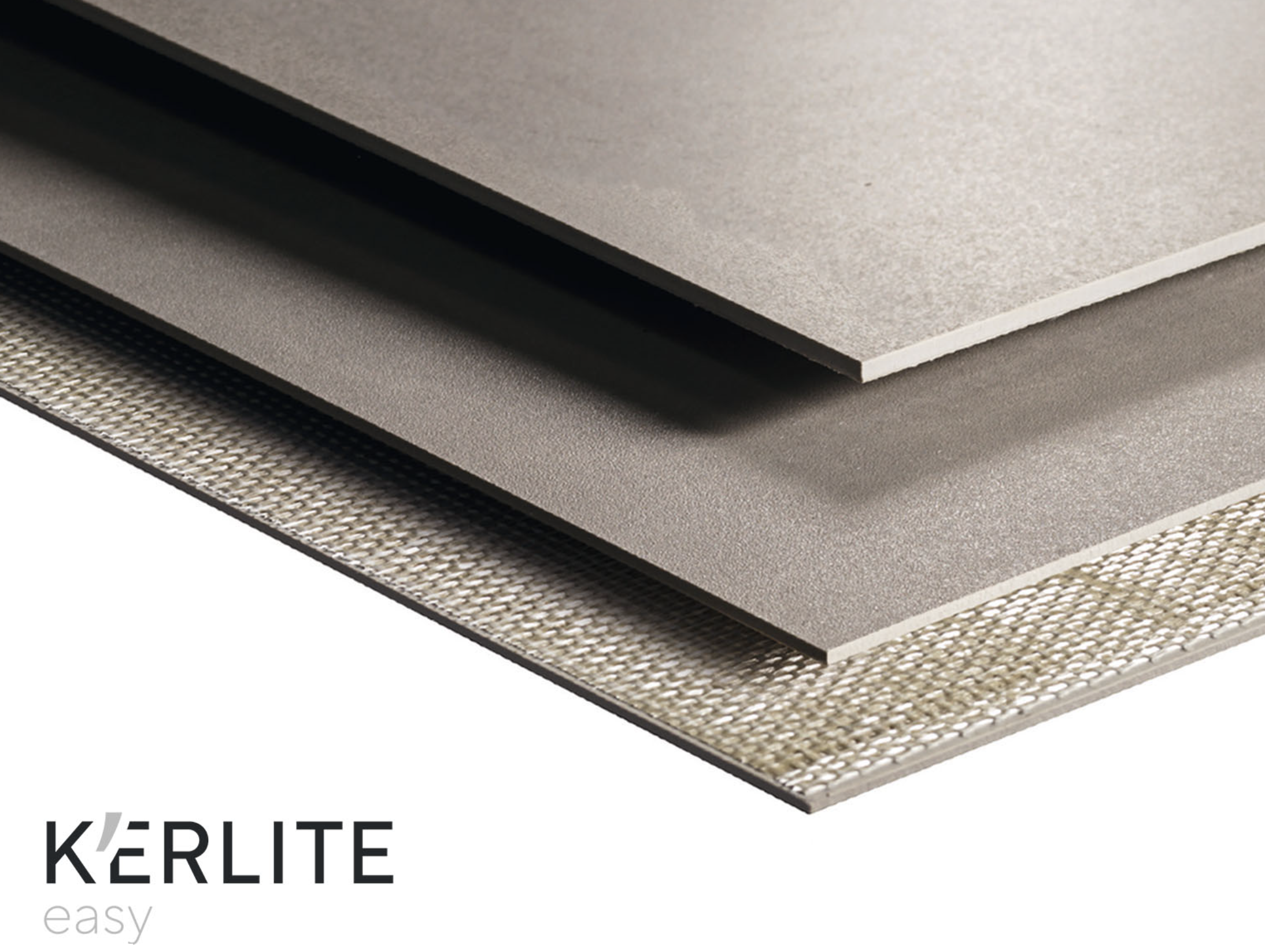 Close-up of layered flooring materials with 'K'ERLITE easy' logo in the lower left corner.