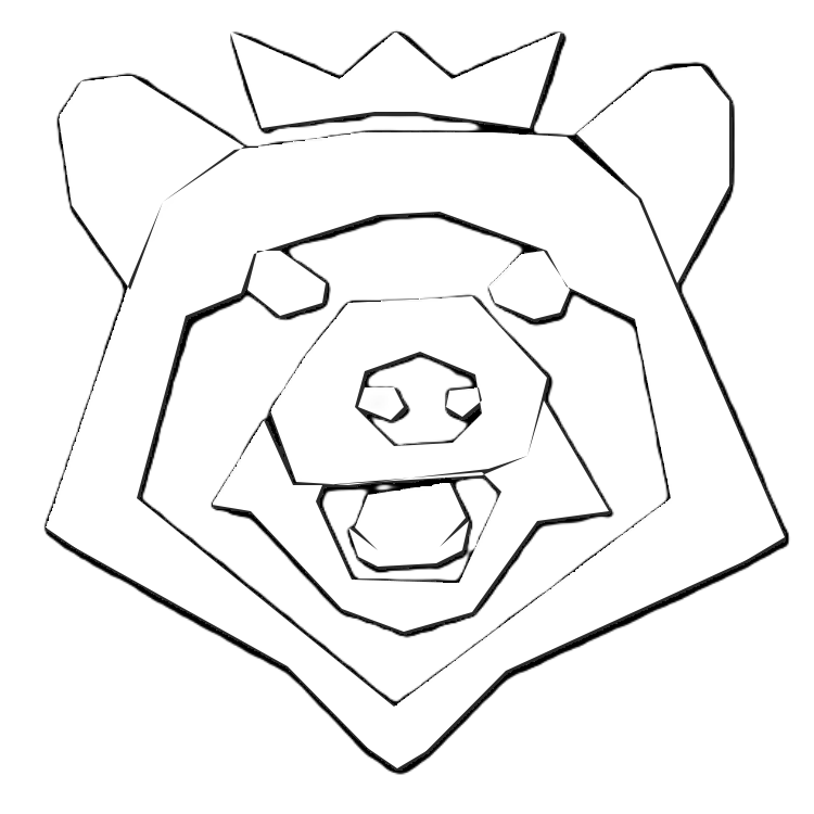 A stylized, geometric drawing of a bear's face with its mouth open, wearing a crown, on a black background.