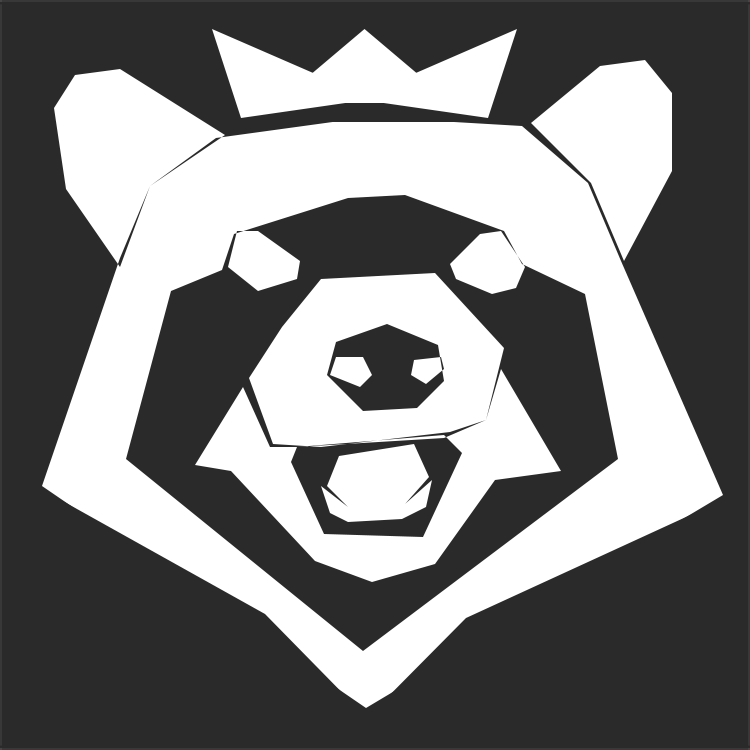 Black and white geometric illustration of a bear's face, with its mouth open, and one paw raised to its forehead, resembling a salute or waving gesture.