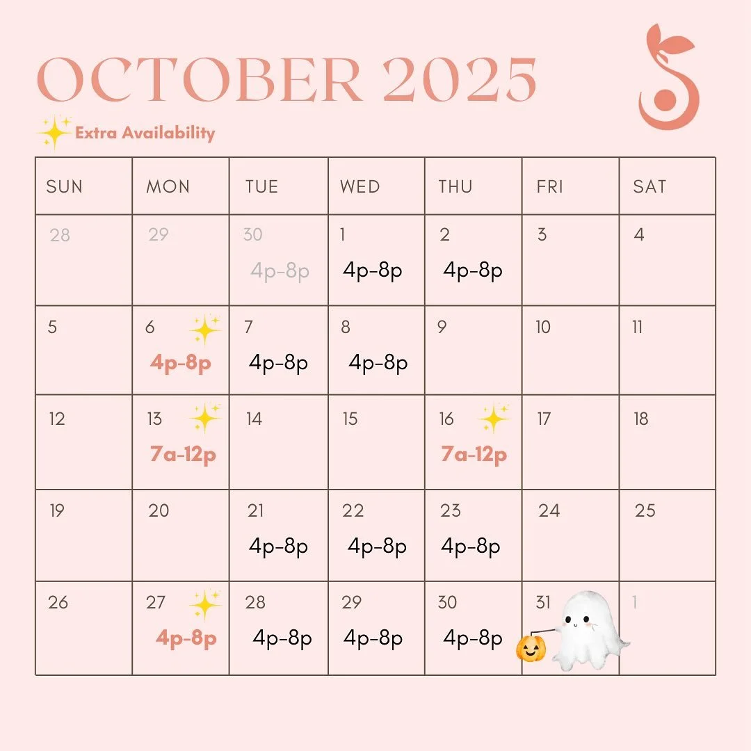 Modified October hours 🎃🧡🍂

I will still be open Tuesday-Thursday evenings (except the 9th, 14th &amp; 15th). I&rsquo;ve added extra availability on Monday evenings &amp; a couple of mornings!

October appointments are now live! You can easily boo