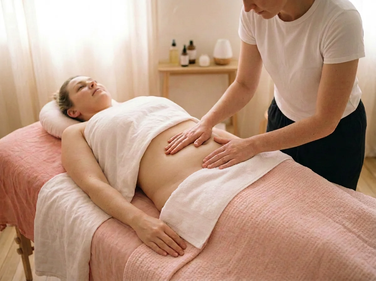 A woman receiving gentle scar tissue massage techniques on her c-section scar.