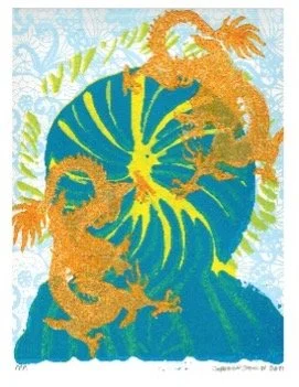 The art of Duyen Nguyen represented by Bywater Art Gallery of New Orleans, Mar-Ap 2026. An abstract print of a woman with long hair, a tiger, and a cat, with a tropical theme and decorative patterns in vibrant colors.