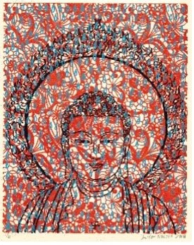 The art of Duyen Nguyen represented by Bywater Art Gallery of New Orleans, Mar-Ap 2026. A colorful abstract portrait of a person's face with intricate patterns and lines, featuring a large circular halo and geometric designs in red, blue, and black.