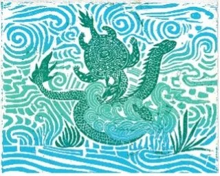 The art of Duyen Nguyen represented by Bywater Art Gallery of New Orleans, Mar-Ap 2026. Print of a dragon with a detailed, swirling design, sitting amid stylized waves and clouds in shades of blue and green.